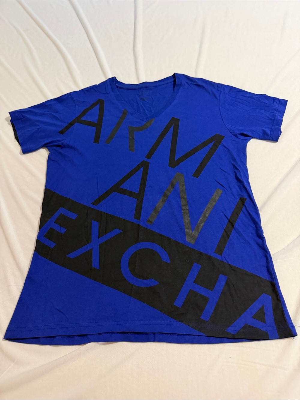 Armani Exchange Men's Bright Blue Graphic Logo Tee with Black Accent